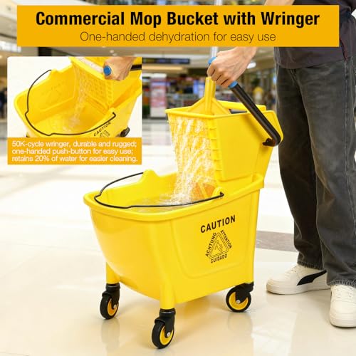 SOBONNE 35 Qt Commercial Mop Bucket with Side Press Wringer on Wheels,Heavy Duty Industrial Mop and Bucket Set for Floor Cleaning,Including 1 Wet Floor Caution Sign for Household and Business,Yellow - Image 4