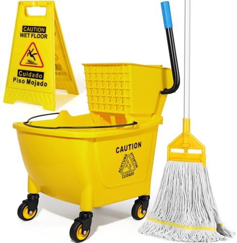 SOBONNE 35 Qt Commercial Mop Bucket with Side Press Wringer on Wheels,Heavy Duty Industrial Mop and Bucket Set for Floor Cleaning,Including 1 Wet Floor Caution Sign for Household and Business,Yellow - Image 1