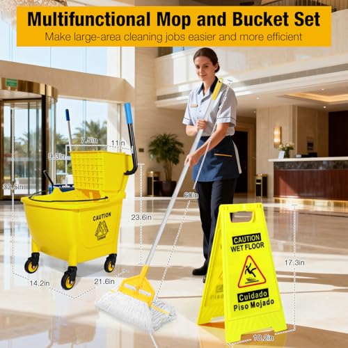 SOBONNE 35 Qt Commercial Mop Bucket with Side Press Wringer on Wheels,Heavy Duty Industrial Mop and Bucket Set for Floor Cleaning,Including 1 Wet Floor Caution Sign for Household and Business,Yellow - Image 2
