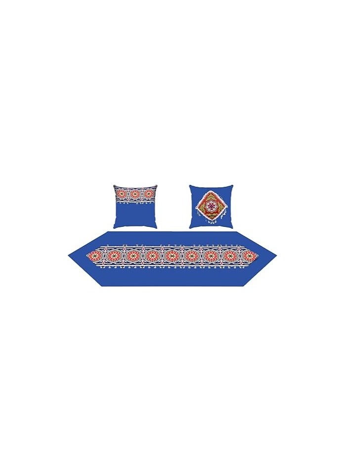 طقم غطاء للكنبه قماش دك في خيامي 3 قطع (1 رانر+2 غطاء وساده) - ازرق - Image 1
