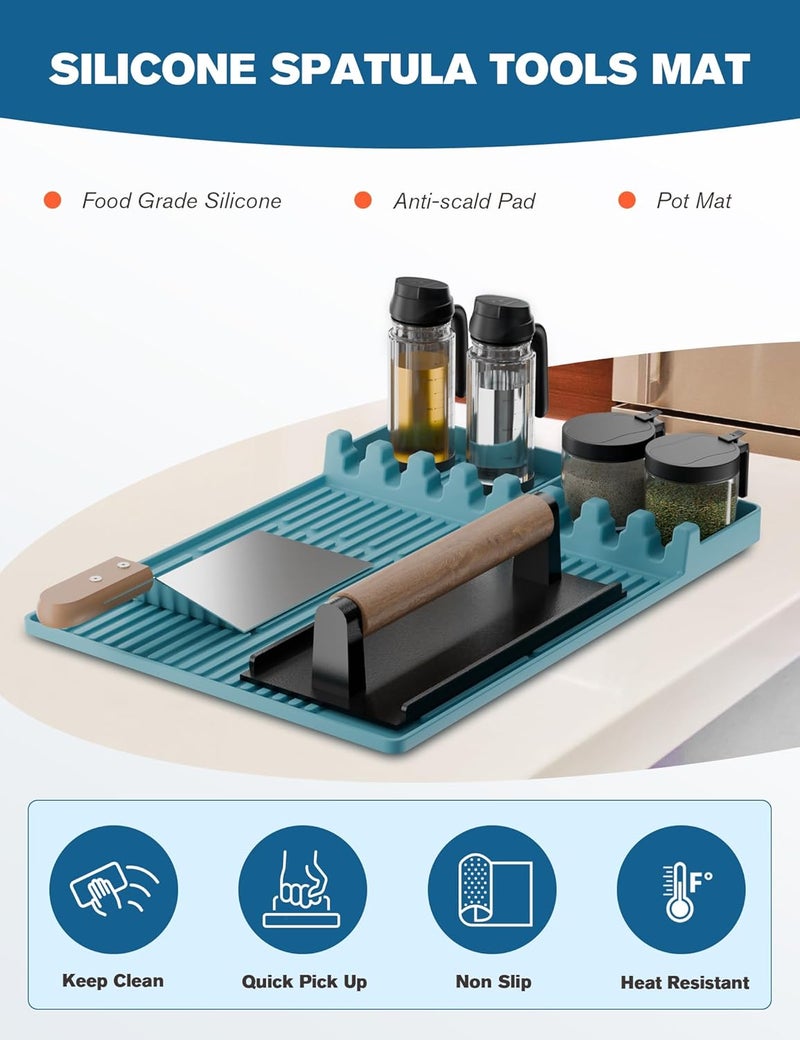 visnfa Silicone Griddle Tools Mat for Blackstone, Heat Resistant Spatula Mat, BBQ Grill Tool Rest, Silicone Grill Pad，Blackstone Griddle Accessories for Kitchen, Cooking & Countertop（Blue） - Image 3