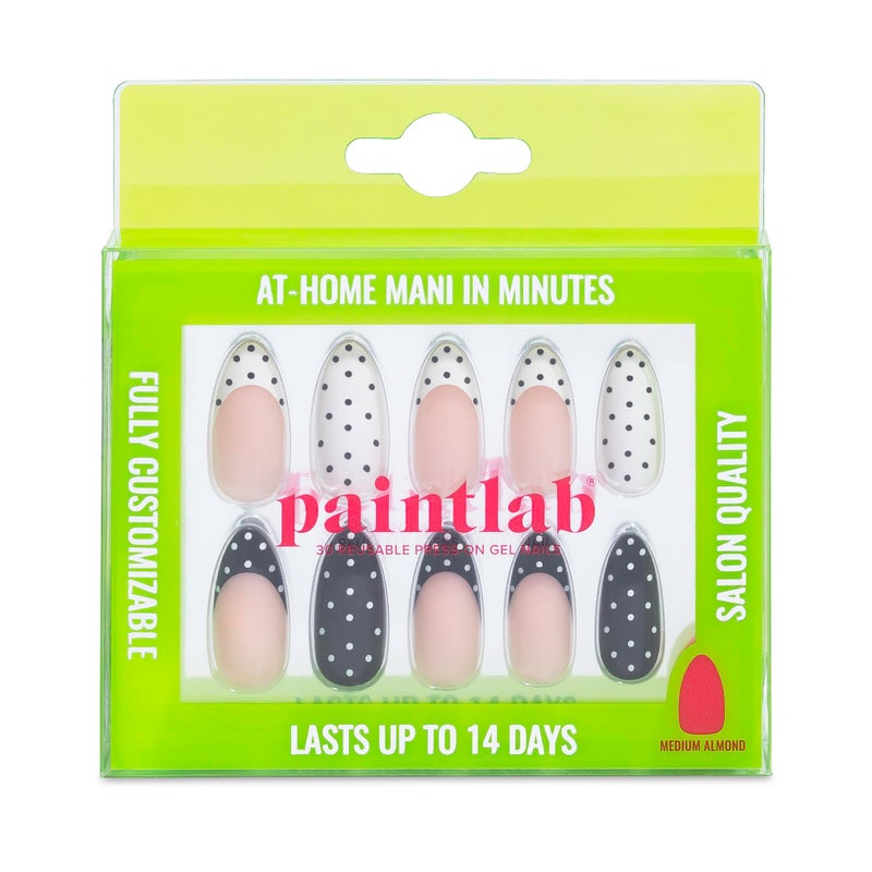PaintLab Press On Nails - Polka Dot Couture Black & White Almond Fake Nails, 30 Nails in 15 Sizes with Glue, Reusable Salon Quality Press On Nails - Image 1