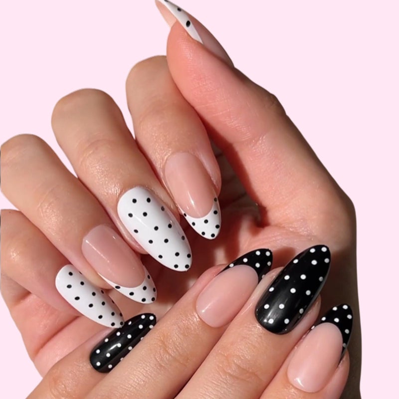 PaintLab Press On Nails - Polka Dot Couture Black & White Almond Fake Nails, 30 Nails in 15 Sizes with Glue, Reusable Salon Quality Press On Nails - Image 5