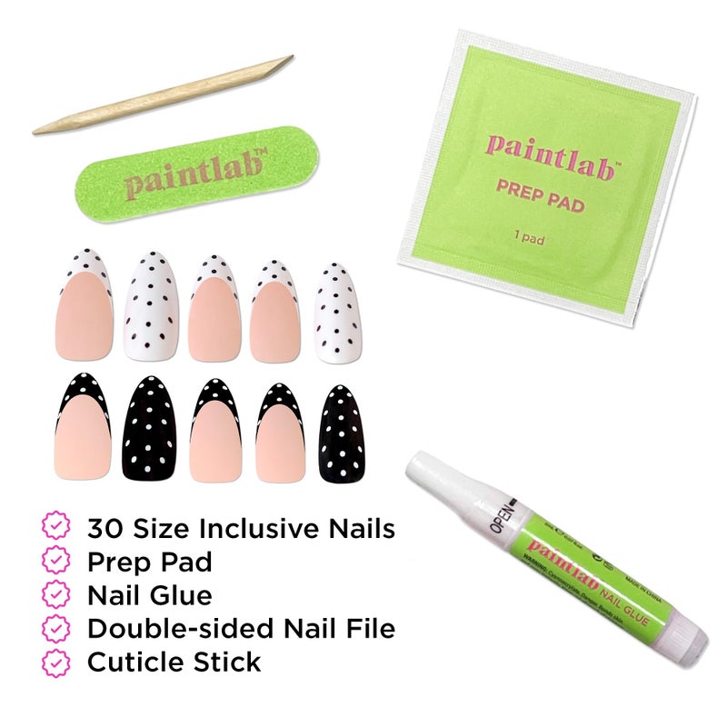 PaintLab Press On Nails - Polka Dot Couture Black & White Almond Fake Nails, 30 Nails in 15 Sizes with Glue, Reusable Salon Quality Press On Nails - Image 4