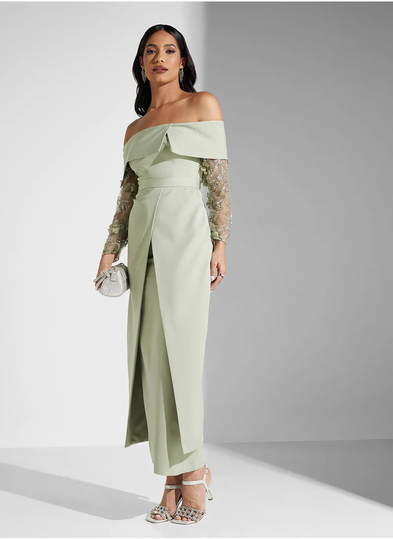 Iyra Off Shoulder Mesh Long Sleeve Maxi Dress