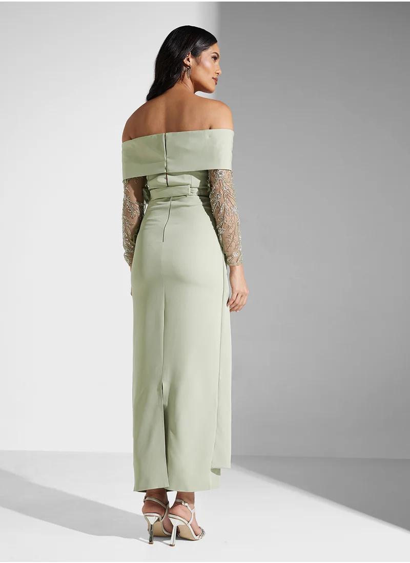 Iyra Off Shoulder Mesh Long Sleeve Maxi Dress