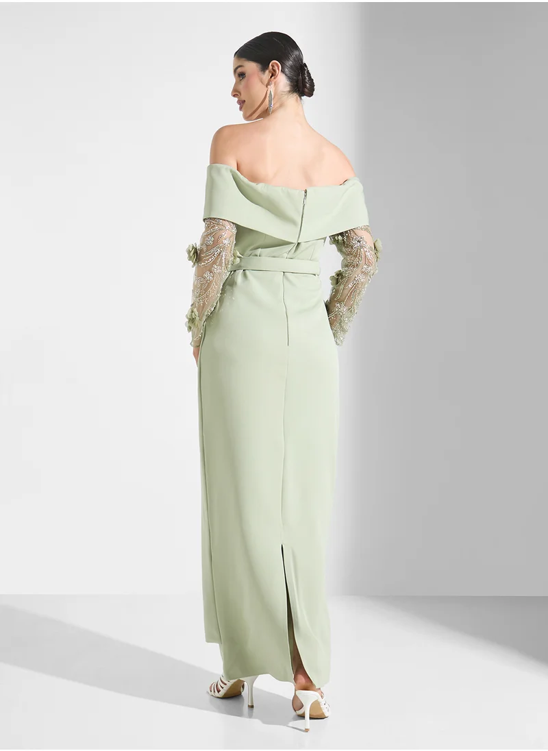 Iyra Off Shoulder Mesh Long Sleeve Maxi Dress