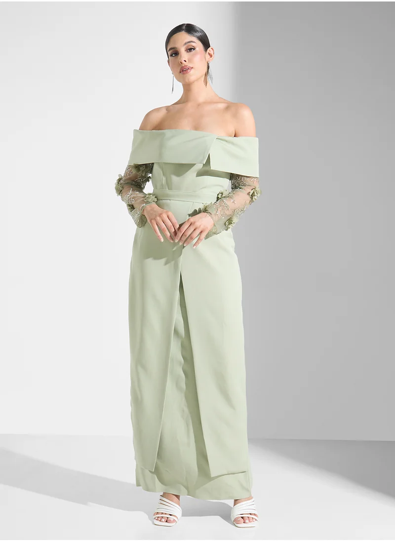 Iyra Off Shoulder Mesh Long Sleeve Maxi Dress