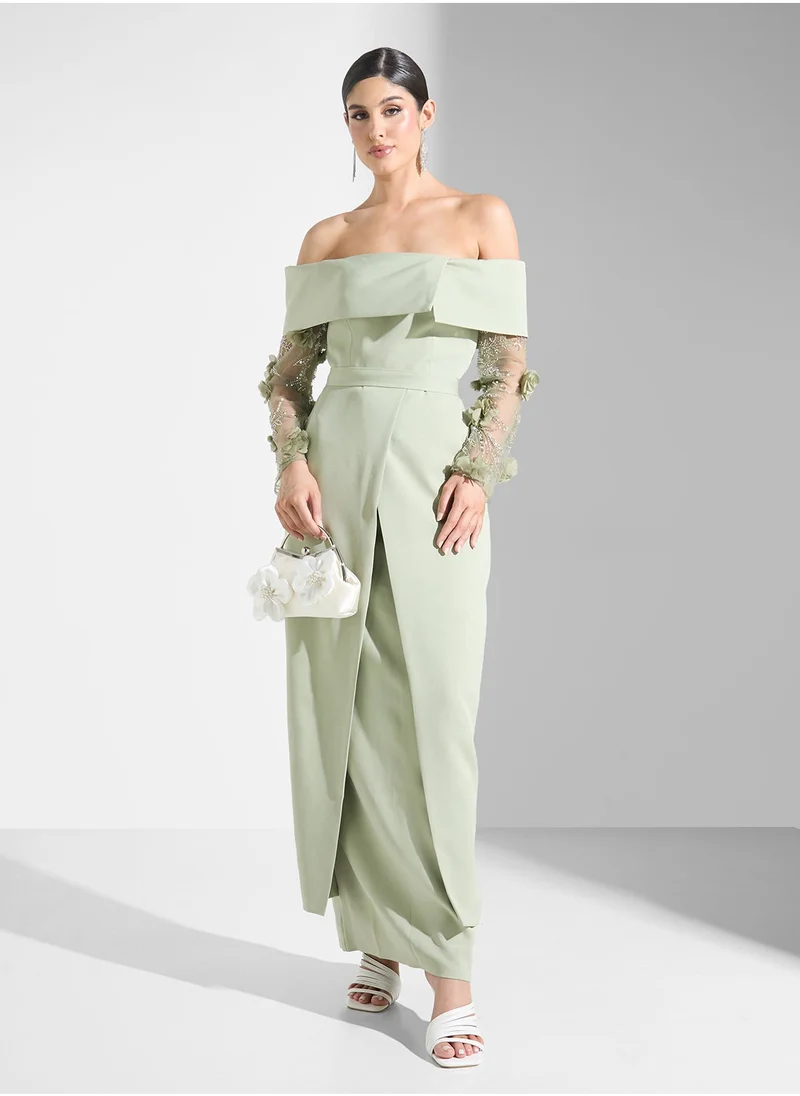 ايرا Off Shoulder Mesh Long Sleeve Maxi Dress