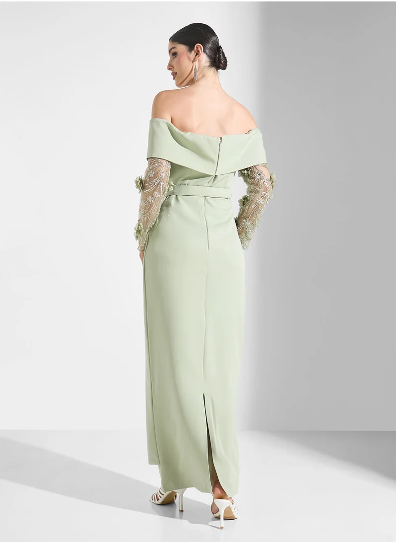 ايرا Off Shoulder Mesh Long Sleeve Maxi Dress