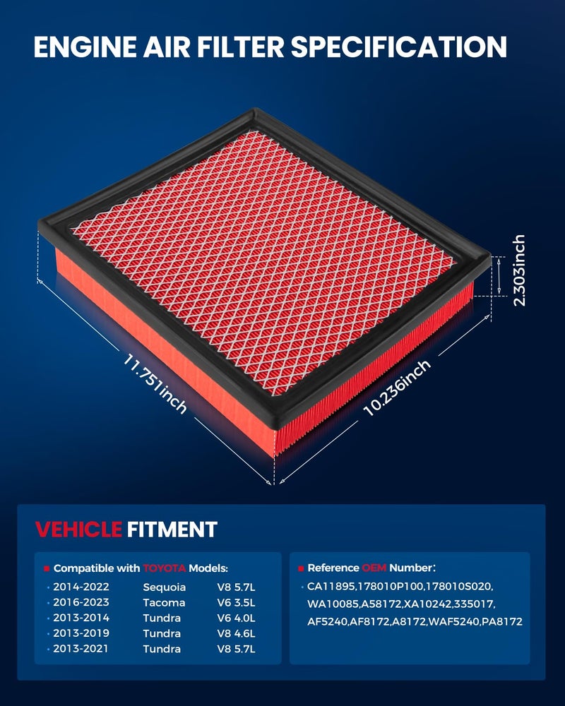 KAX Engine Air Filter CA11895 Compatible with 2016-2023 Toyota Tacoma V6 3.5L, 2013-2021 Toyota Tundra (Only After 9/13), 2014-2021 Toyota Sequoia V8 5.7L, Replace OE 17801-0P100 17801-0S020 - Image 2