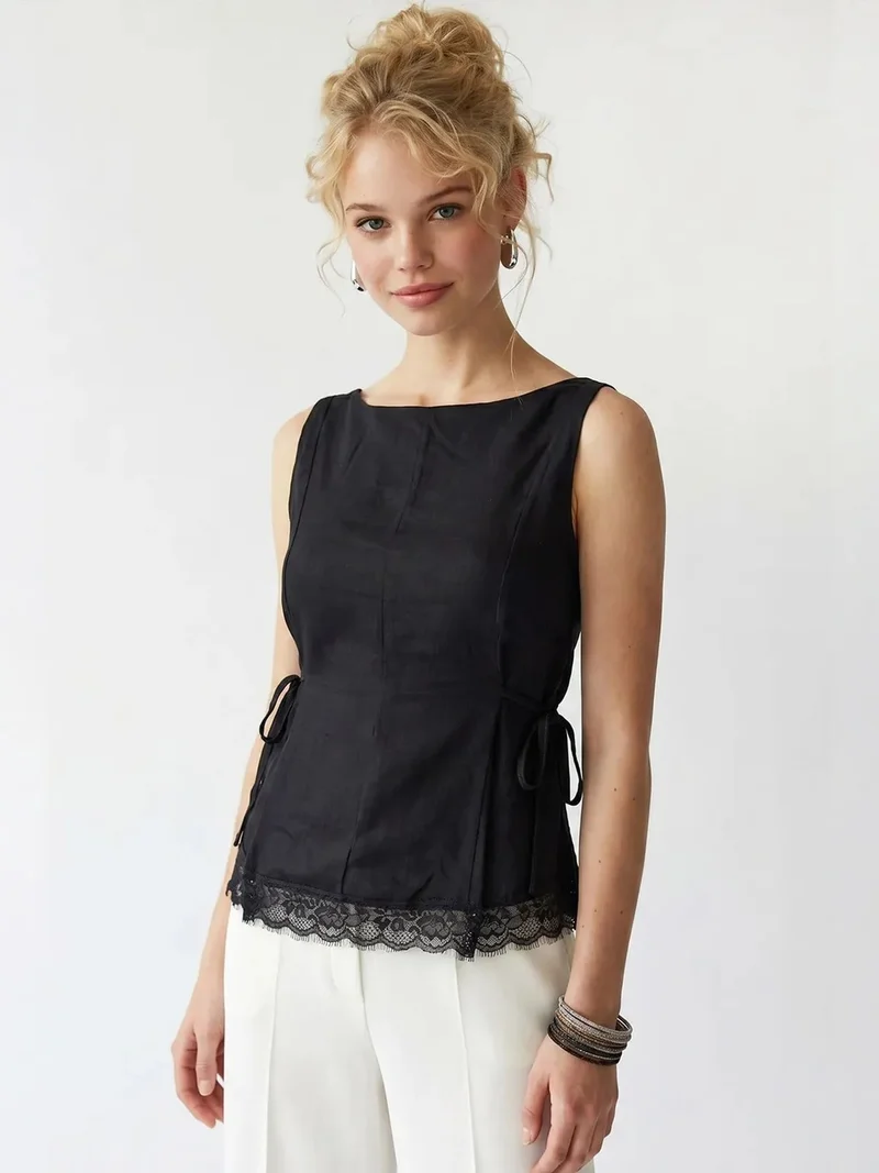 Mixray Black MIXRAY Sleeveless Poplin Blouse With Tie Closure for Women | Best Price UAE