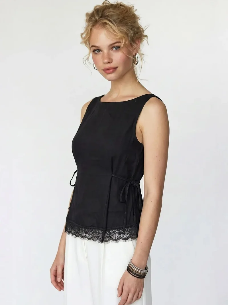 ميكسراي MIXRAY Sleeveless Poplin Blouse With Tie Closure