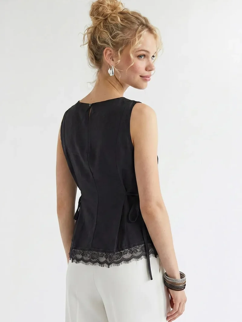 Mixray Black MIXRAY Sleeveless Poplin Blouse With Tie Closure for Women | Best Price UAE