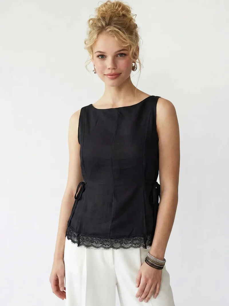 ميكسراي MIXRAY Sleeveless Poplin Blouse With Tie Closure