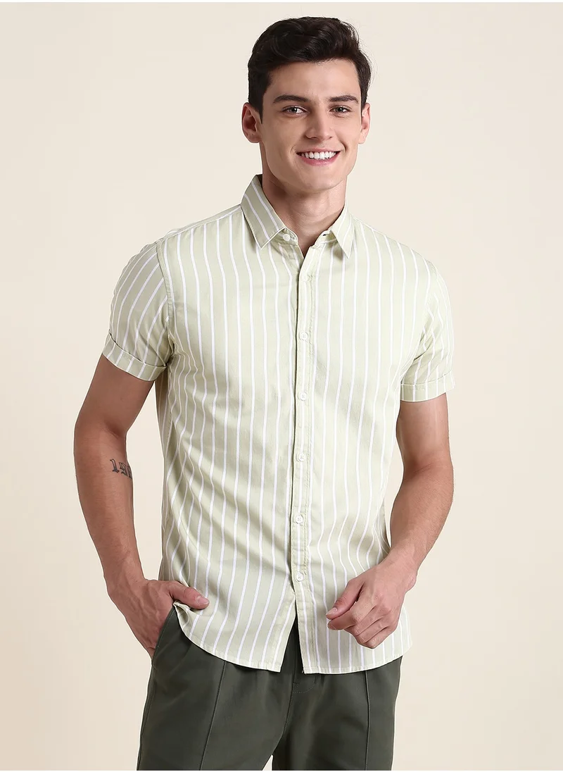Dennis Lingo Men's Beige Slim Fit Cotton Shirt