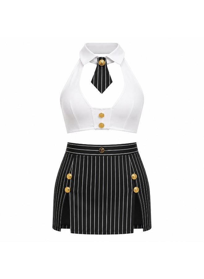 Women’s Striped 2-Piece Set with Halter Top and Mini Skirt – Black & White – Code 898 - Image 1