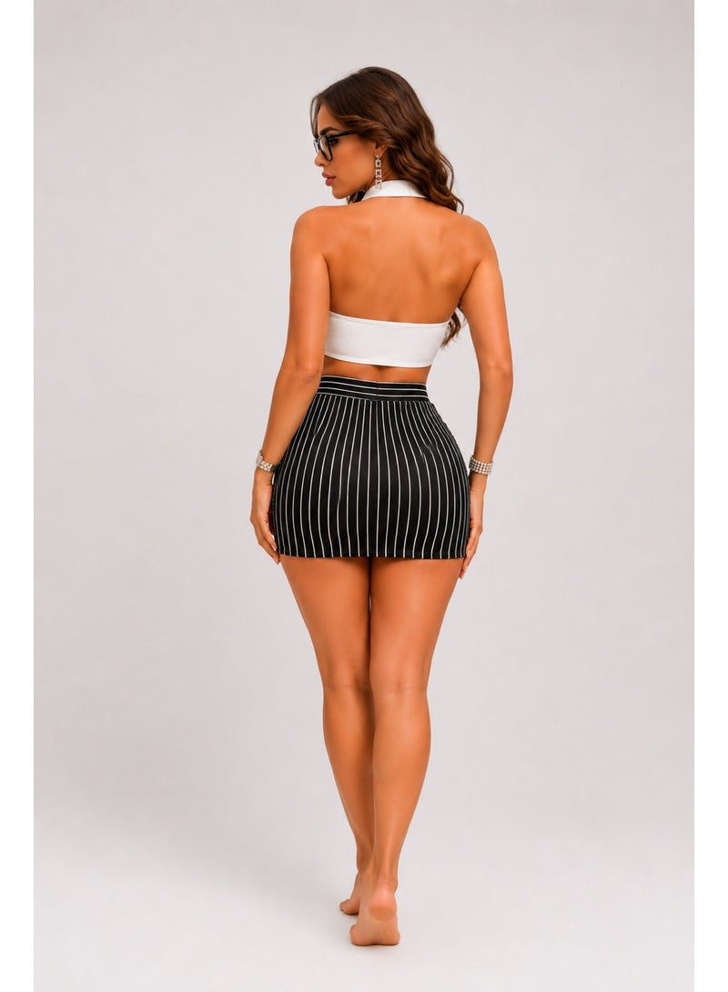 Women’s Striped 2-Piece Set with Halter Top and Mini Skirt – Black & White – Code 898 - Image 2