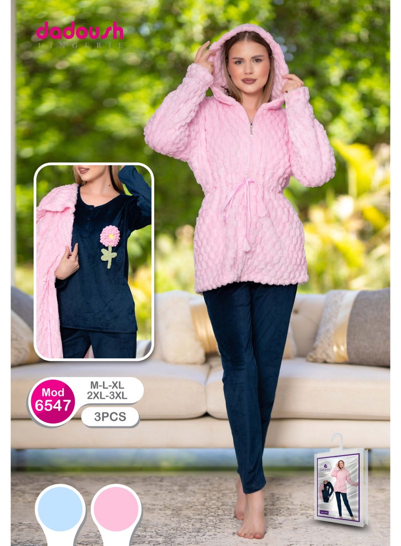 دعدوش  بيجامة نسائية فرو ومخمل من 3 قطع لمزيد من الدفء والاناقة - Image 5