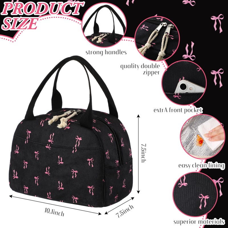 Dansydaisy Black and Pink Bow Lunch Bag Cute Corduroy Insulated Pink Bow Lunch Box for Women Coquette Tote Bag Reusable Large Capacity Cooler Containers Preppy Stuff Gifts for Picnics Travel Outdoor - Image 2