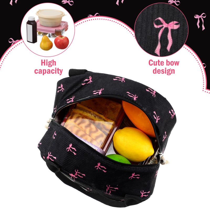 Dansydaisy Black and Pink Bow Lunch Bag Cute Corduroy Insulated Pink Bow Lunch Box for Women Coquette Tote Bag Reusable Large Capacity Cooler Containers Preppy Stuff Gifts for Picnics Travel Outdoor - Image 4