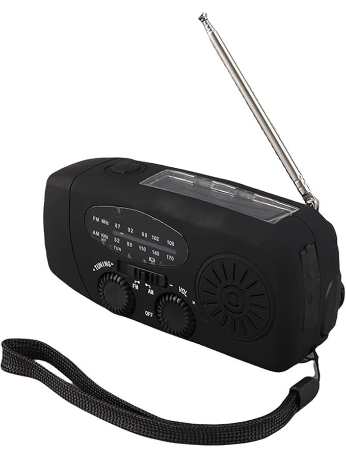 راديو الطوارئ الشمسي باليد مع مصباح يدوي LED FM AM WB USB أسود - Image 1