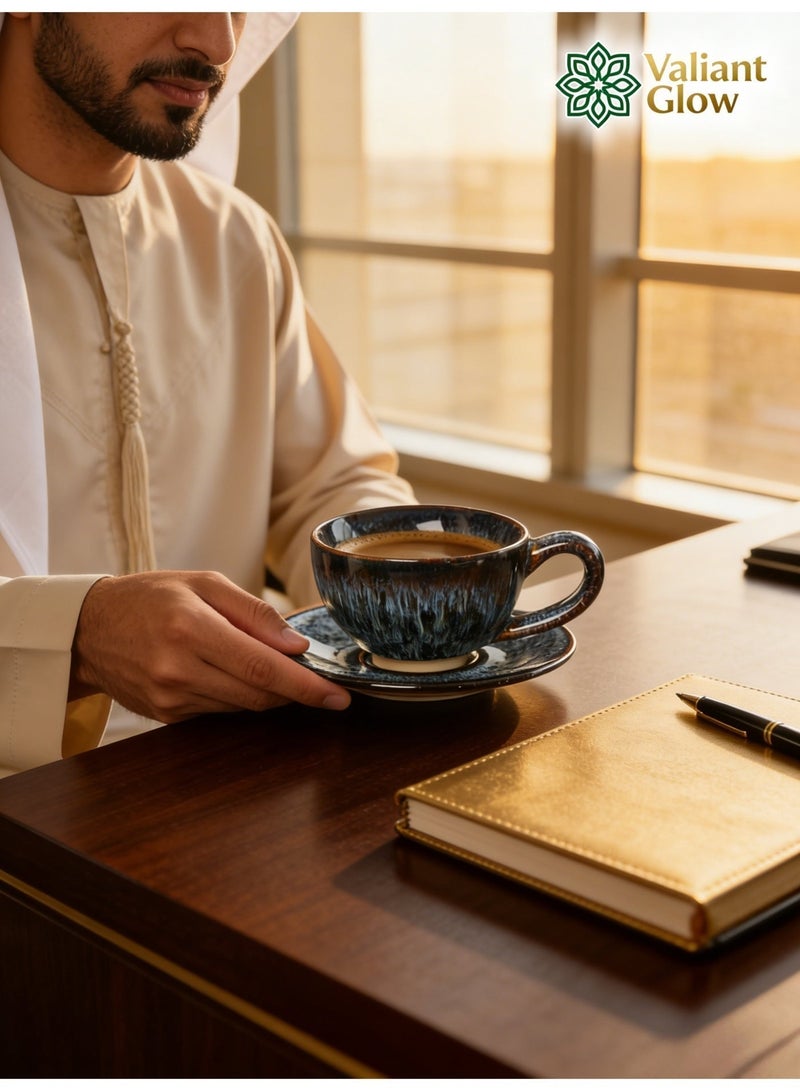 توهج شجاع طقم أكواب قهوة سيراميك | كوب قهوة عربي | كوب قهوة تركي | كوب قهوة مع صحن | أزرق مائل للبني | 150 مل - Image 2