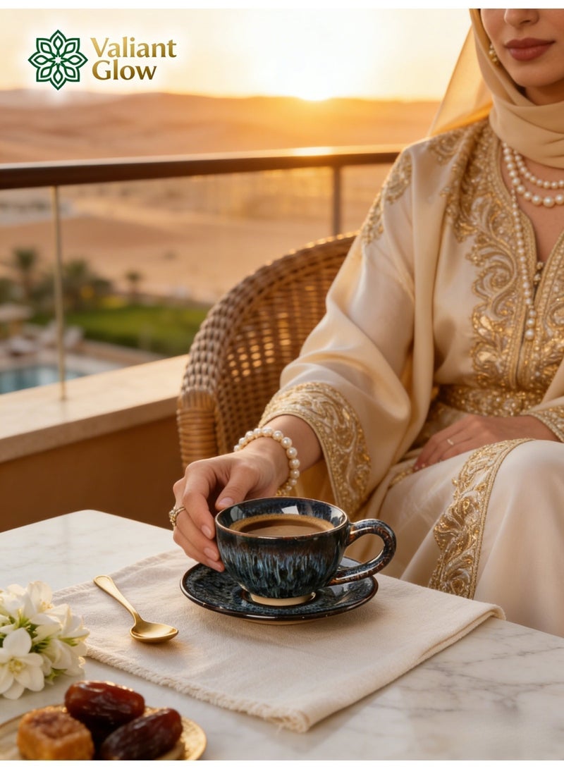 توهج شجاع طقم أكواب قهوة سيراميك | كوب قهوة عربي | كوب قهوة تركي | كوب قهوة مع صحن | أزرق مائل للبني | 150 مل - Image 3