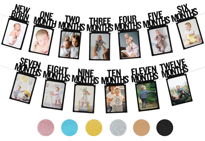 PartyHooman 1st Birthday Photo Banner for Baby - Newborn to 12 Months, First Birthday Decorations Girl or Boy Monthly Milestones Garland | 1 Year Old Party | Pre-strung With Pictures Frame (Black) - Image 1