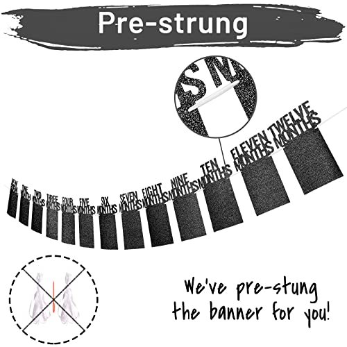 PartyHooman 1st Birthday Photo Banner for Baby - Newborn to 12 Months, First Birthday Decorations Girl or Boy Monthly Milestones Garland | 1 Year Old Party | Pre-strung With Pictures Frame (Black) - Image 2