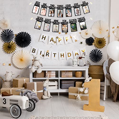 PartyHooman 1st Birthday Photo Banner for Baby - Newborn to 12 Months, First Birthday Decorations Girl or Boy Monthly Milestones Garland | 1 Year Old Party | Pre-strung With Pictures Frame (Black) - Image 5