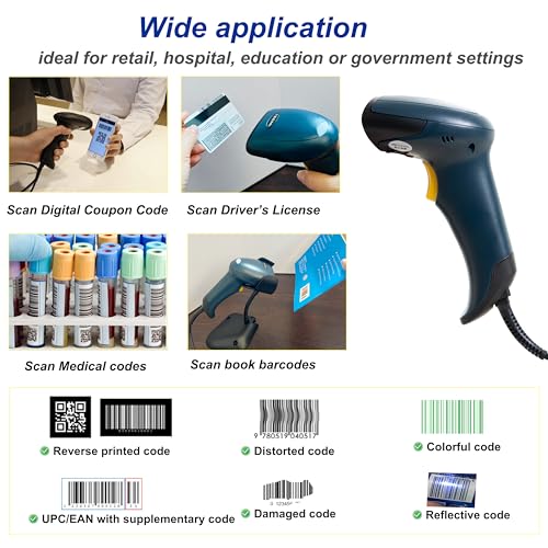 TEEMI QR Barcode Scanner with Handsfree AutoSensing Stand Handheld Automatic USB Wired 1D 2D Bar Codes Reader Global Shutter Scan Rectangle Datamatrix OCR IMB Driver's License Codes - Image 5