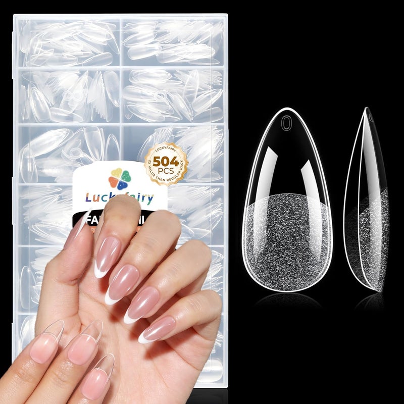 Luckyfairy Medium Almond Nail Tips, 504pcs Soft Gel Pre-Filed Acrylic Almond Fake Nails, Half Matte Full Cover Clear Press on Flase Nail Tips for Nail Extension Home DIY 12 Sizes - Image 1
