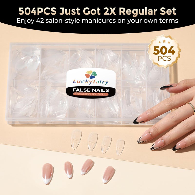 Luckyfairy Medium Almond Nail Tips, 504pcs Soft Gel Pre-Filed Acrylic Almond Fake Nails, Half Matte Full Cover Clear Press on Flase Nail Tips for Nail Extension Home DIY 12 Sizes - Image 4