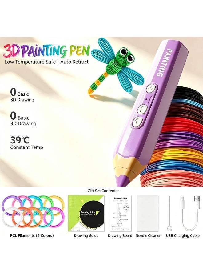 3D Printing Pen for Kids, Low Temperature Anti-Scald 3D Drawing Pen with 5 Colors PCL Filament, Auto Feeding & Back Feeding, USB Charging, DIY Creative Educational Toy for Children - Image 1