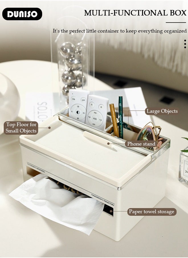 DUNISO Desktop Tissue Storage Box, Multifunctional Tissue Storage Box Cover with Phone Holder, Desktop Stationery Storage Tissue Box for Living Room, Office, Night Stand, Dresser, Bedroom, Bathroom  - Image 2