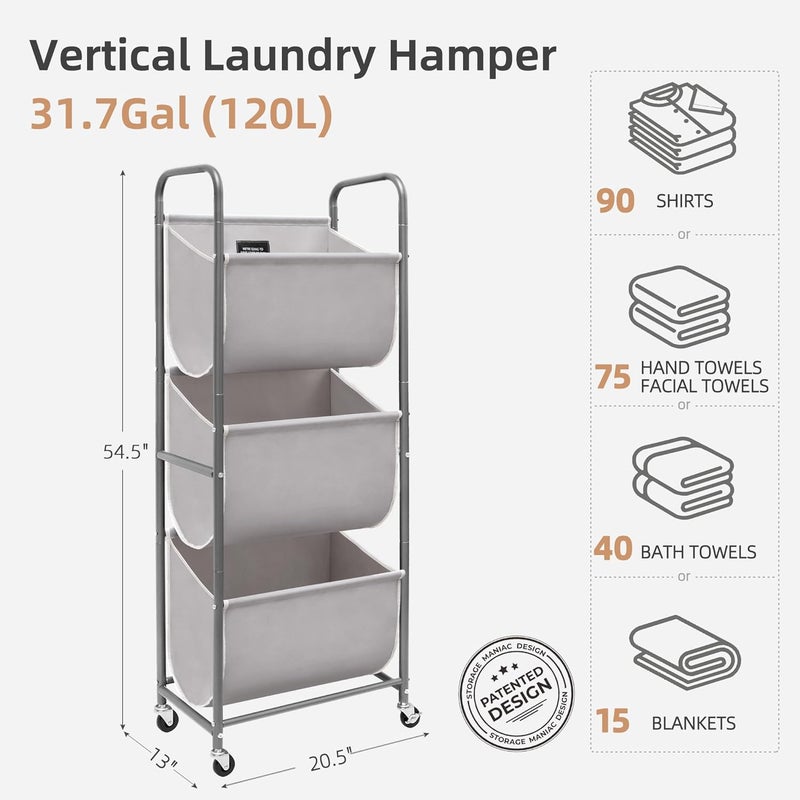 STORAGE MANIAC 120 Liters Vertical Rolling Laundry Hamper, 3 Section Laundry Sorter with Wheels and 2 Breaks, 3-tier Laundry Baskets for Small Space, Dorm, Laundry Room, Closet, Bathroom, Gray 3-tier - Image 5