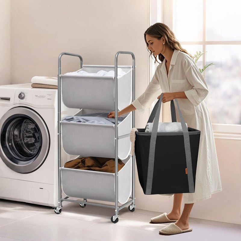 STORAGE MANIAC 120 Liters Vertical Rolling Laundry Hamper, 3 Section Laundry Sorter with Wheels and 2 Breaks, 3-tier Laundry Baskets for Small Space, Dorm, Laundry Room, Closet, Bathroom, Gray 3-tier - Image 1