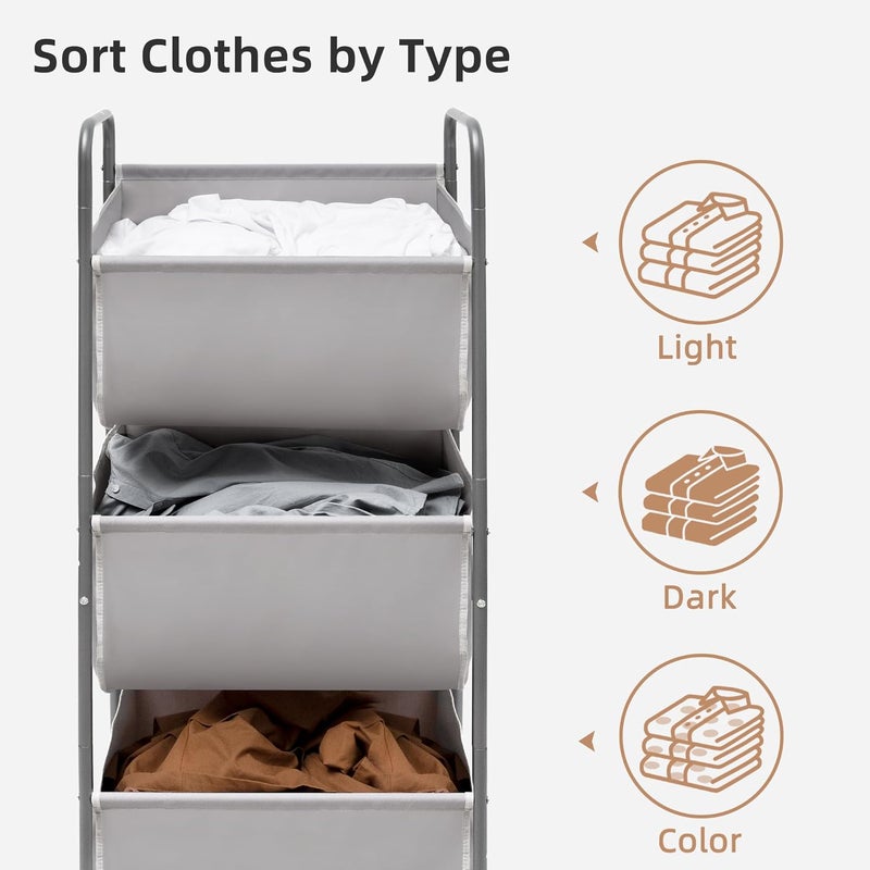 STORAGE MANIAC 120 Liters Vertical Rolling Laundry Hamper, 3 Section Laundry Sorter with Wheels and 2 Breaks, 3-tier Laundry Baskets for Small Space, Dorm, Laundry Room, Closet, Bathroom, Gray 3-tier - Image 4