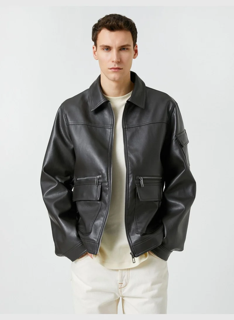 KOTON Jacket Faux Leather Pockets Long Sleeve