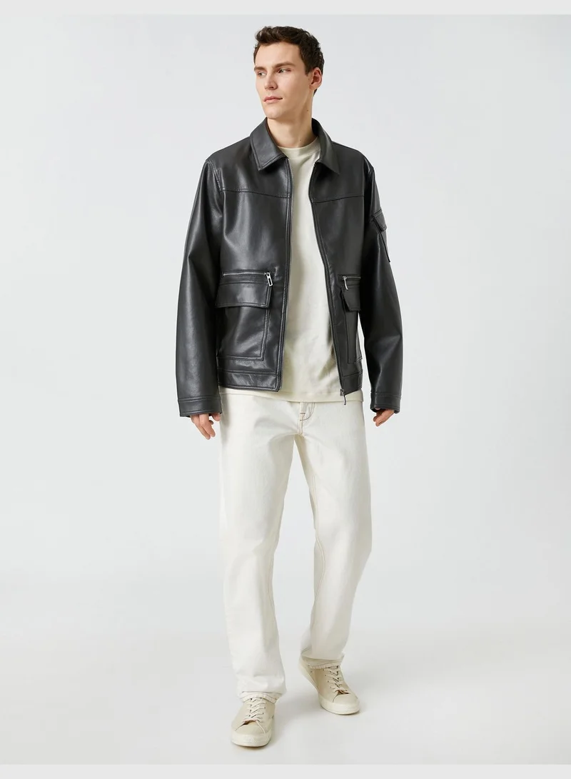 KOTON Jacket Faux Leather Pockets Long Sleeve