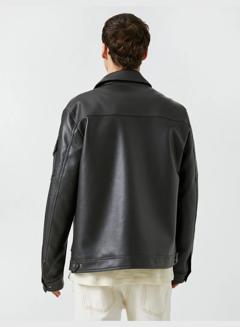 KOTON Jacket Faux Leather Pockets Long Sleeve