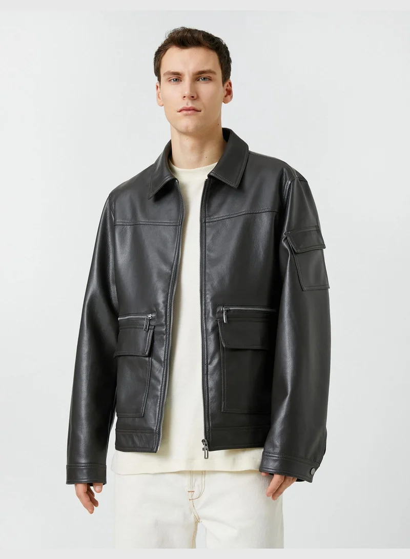 KOTON Jacket Faux Leather Pockets Long Sleeve
