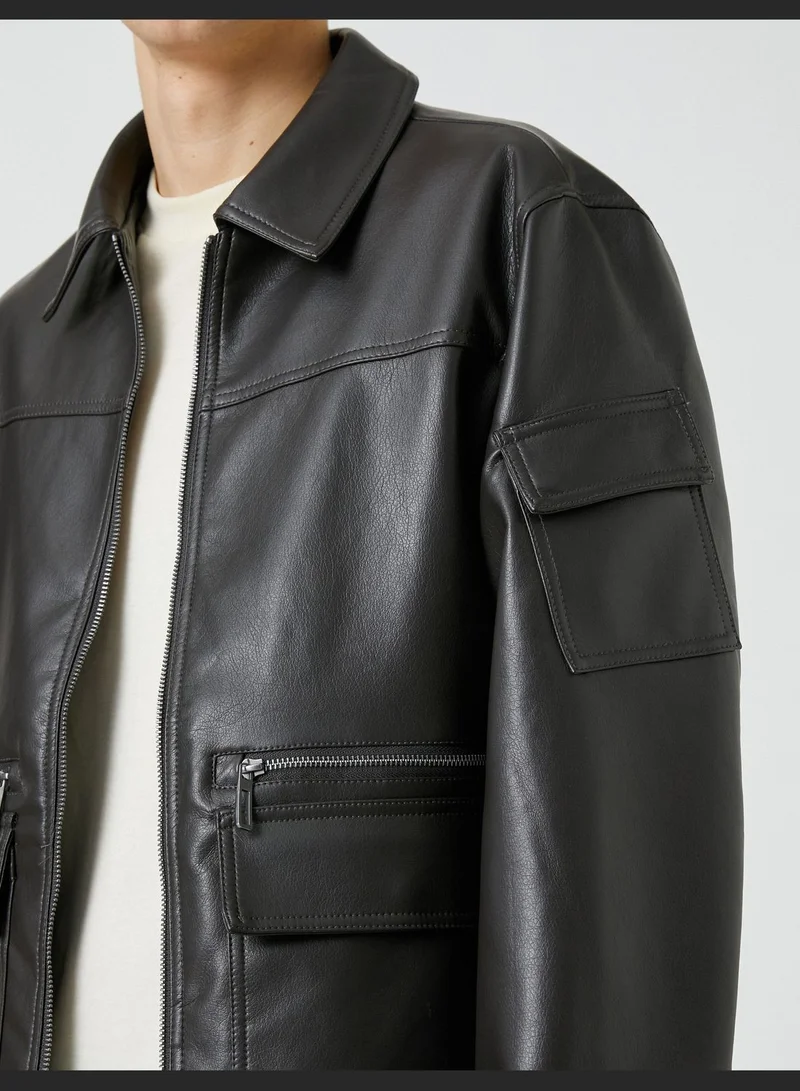 KOTON Jacket Faux Leather Pockets Long Sleeve