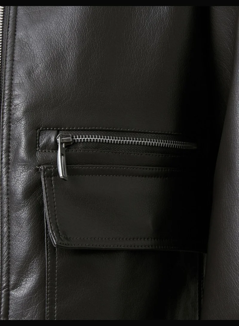KOTON Jacket Faux Leather Pockets Long Sleeve