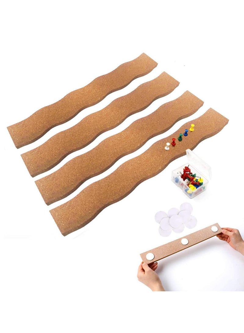 Sweet seven Cork Board Bulletin Bar Strip 15x2 Inch - 1/2 Inch Thick, Pack of 4 - Frameless Natural Cork Board with 30 Multi-Color Push Pins and Strong Self-Adhesive Backing - Image 1