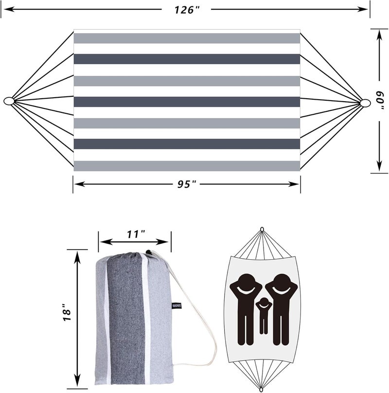 ROOITY Double Hammock Brazilian Hammocks with Portable Carrying Bag,Soft Woven Fabric, Up to 450 Lbs Hanging for Patio,Trees,Garden,Backyard,Porch,Outdoor and Indoor XXX-Large Grey&White Stripe - Image 2
