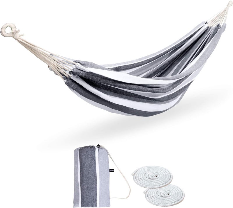 ROOITY Double Hammock Brazilian Hammocks with Portable Carrying Bag,Soft Woven Fabric, Up to 450 Lbs Hanging for Patio,Trees,Garden,Backyard,Porch,Outdoor and Indoor XXX-Large Grey&White Stripe - Image 1