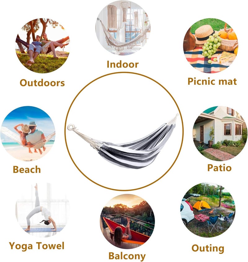 ROOITY Double Hammock Brazilian Hammocks with Portable Carrying Bag,Soft Woven Fabric, Up to 450 Lbs Hanging for Patio,Trees,Garden,Backyard,Porch,Outdoor and Indoor XXX-Large Grey&White Stripe - Image 4