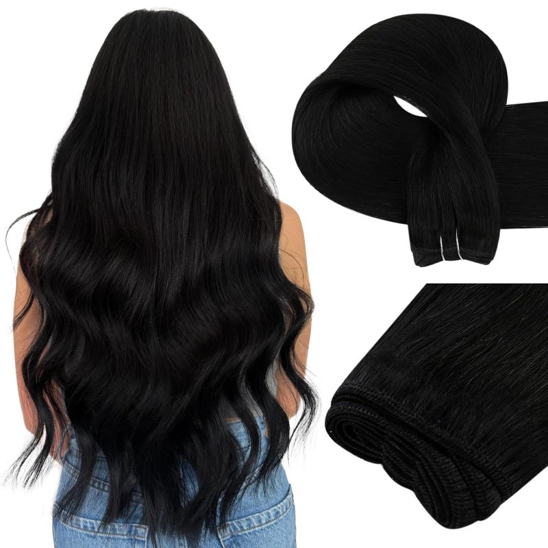 Easyouth Sew in Hair Extensions Real Human Hair Black Weft Hair Extensions Human Hair Jet Black Remy Human Hair Extension Sew in for Straight Short Hair 12 Inch 70G
